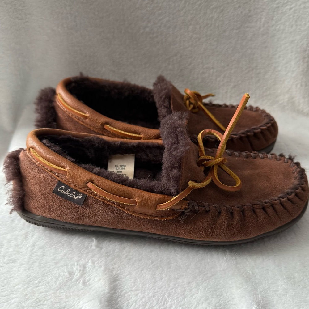 Cabela's Brown Moccasin Driving Slippers with Fur Trim Women’s Size 8M